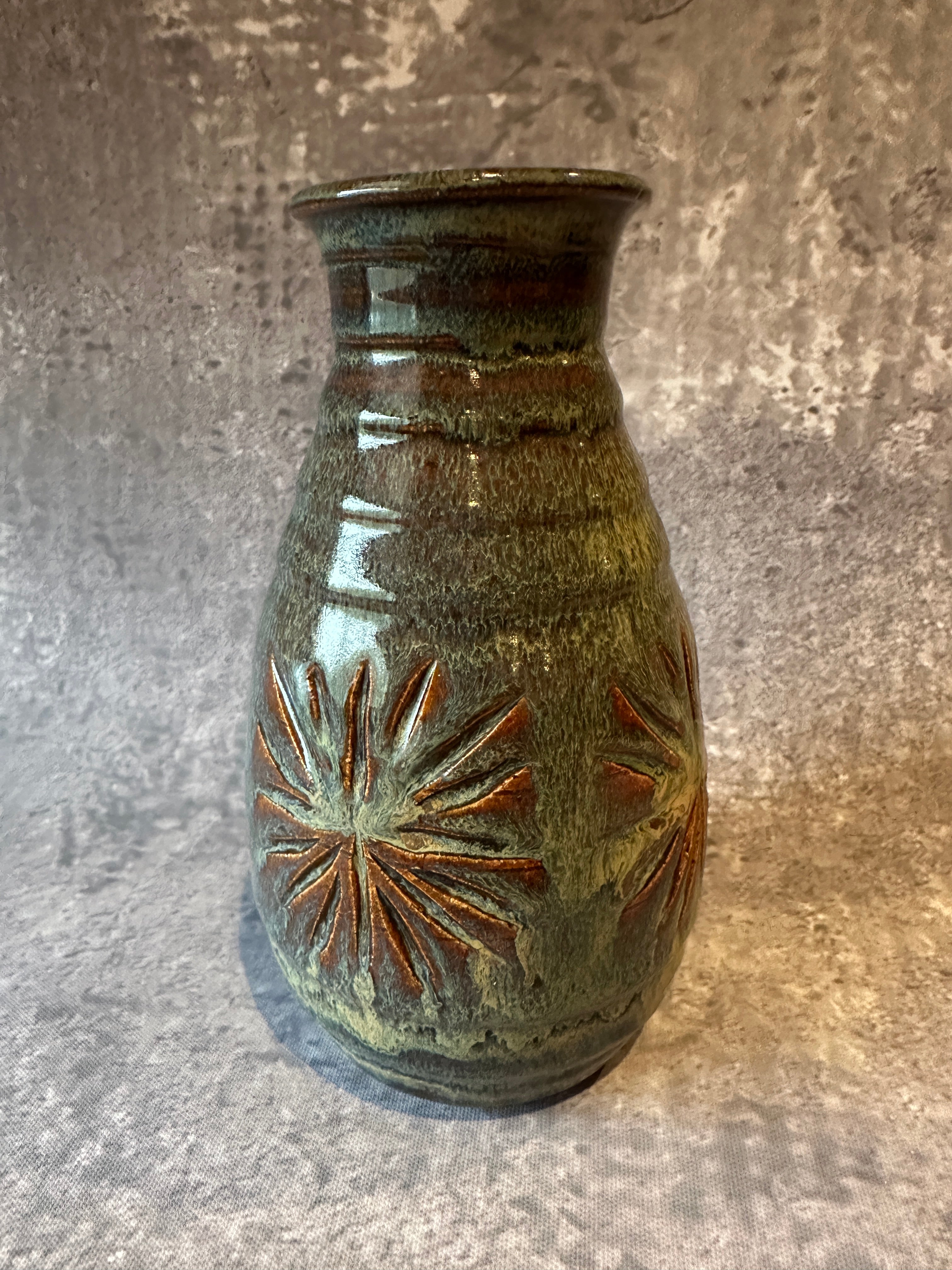 Wheel Thrown Ceramic Carved green vase