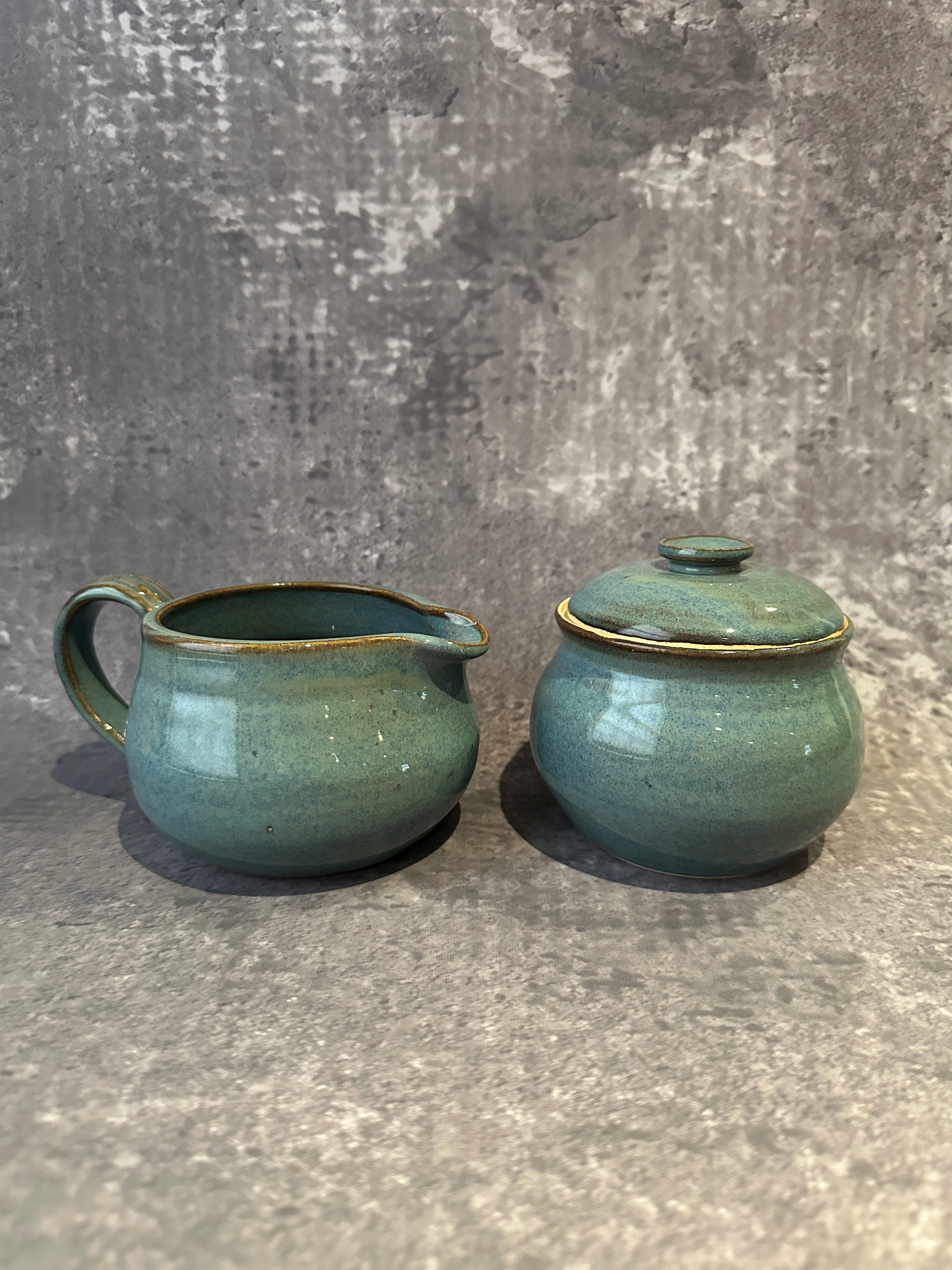Wheel thrown Stoneware Blue Sugar & Creamer Set