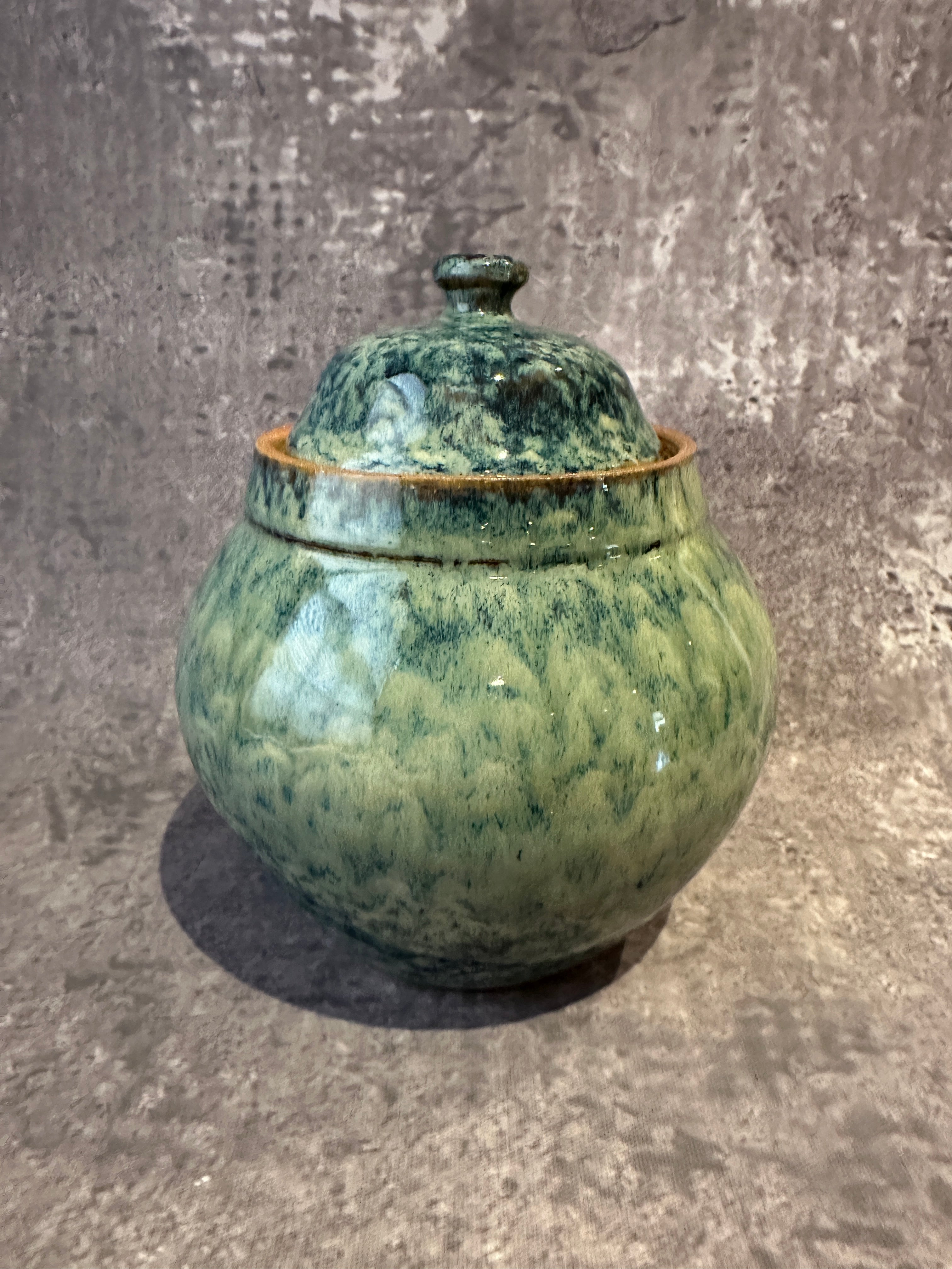 Shades of Greens Handcrafted wheel thrown lidded vessel canister