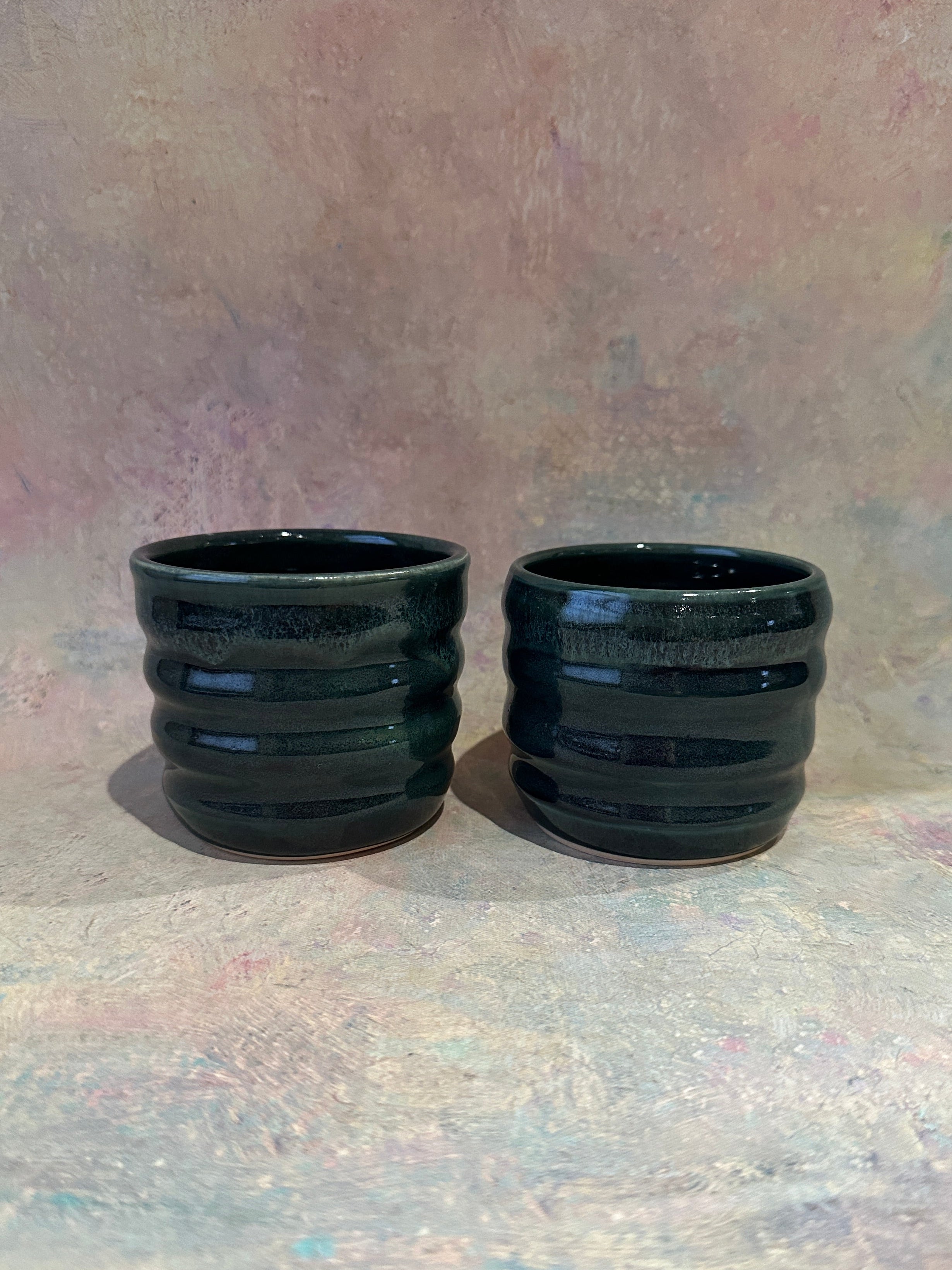 Dark Green Handcrafted Stoneware wavy cups