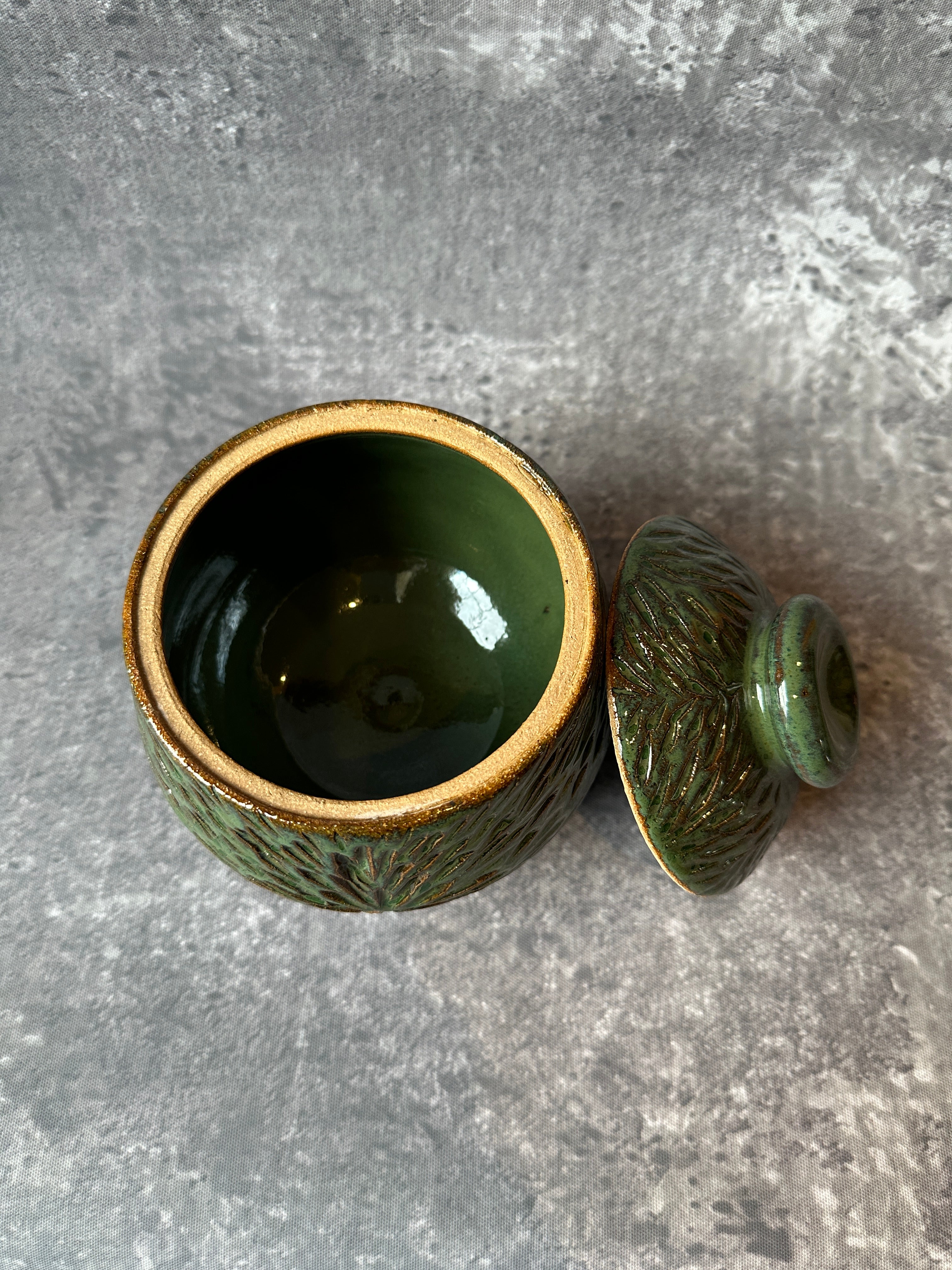 Green carved Stoneware lidded vessel handcrafted