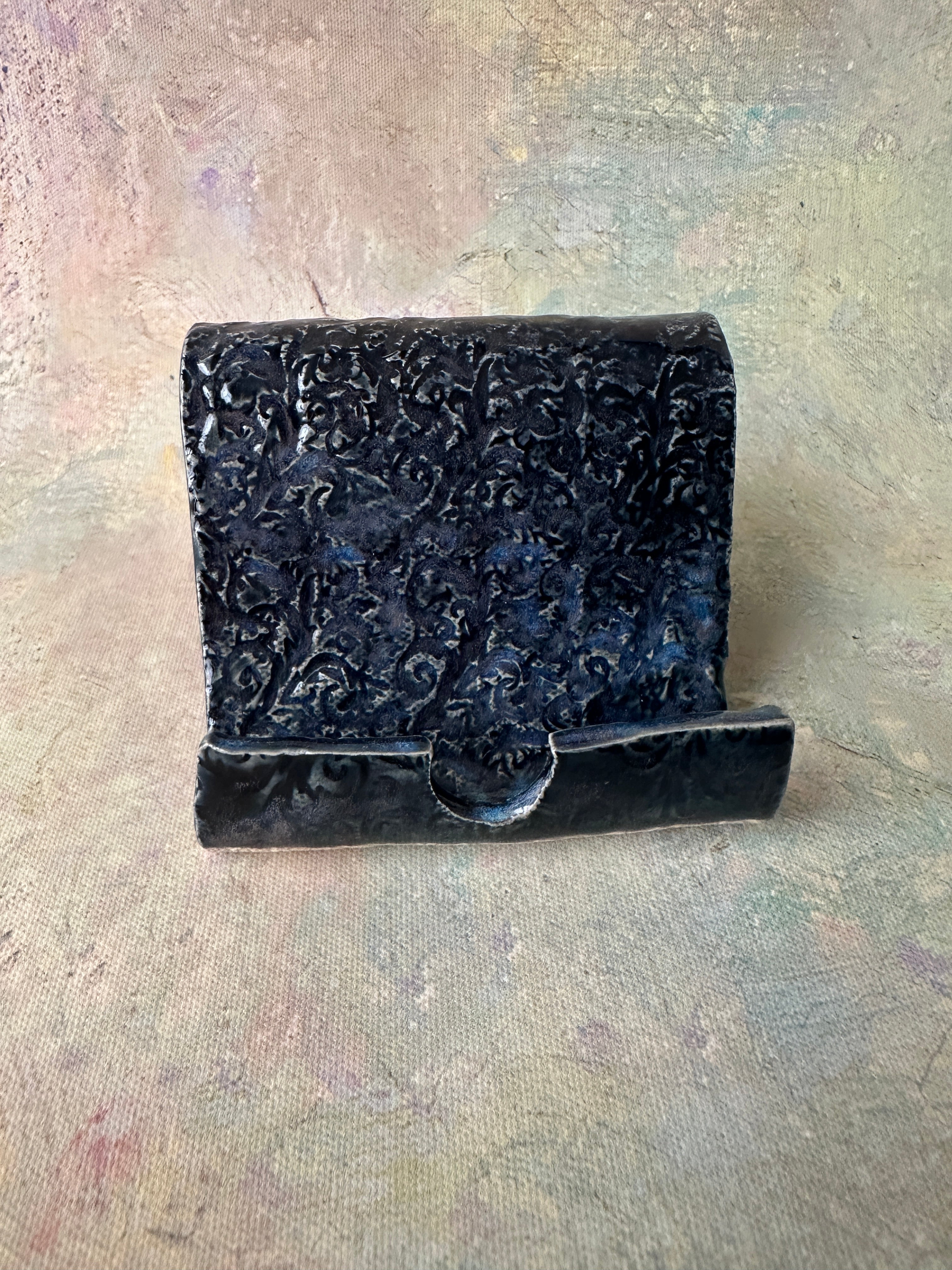Deep navy cell phone holder pottery handcrafted