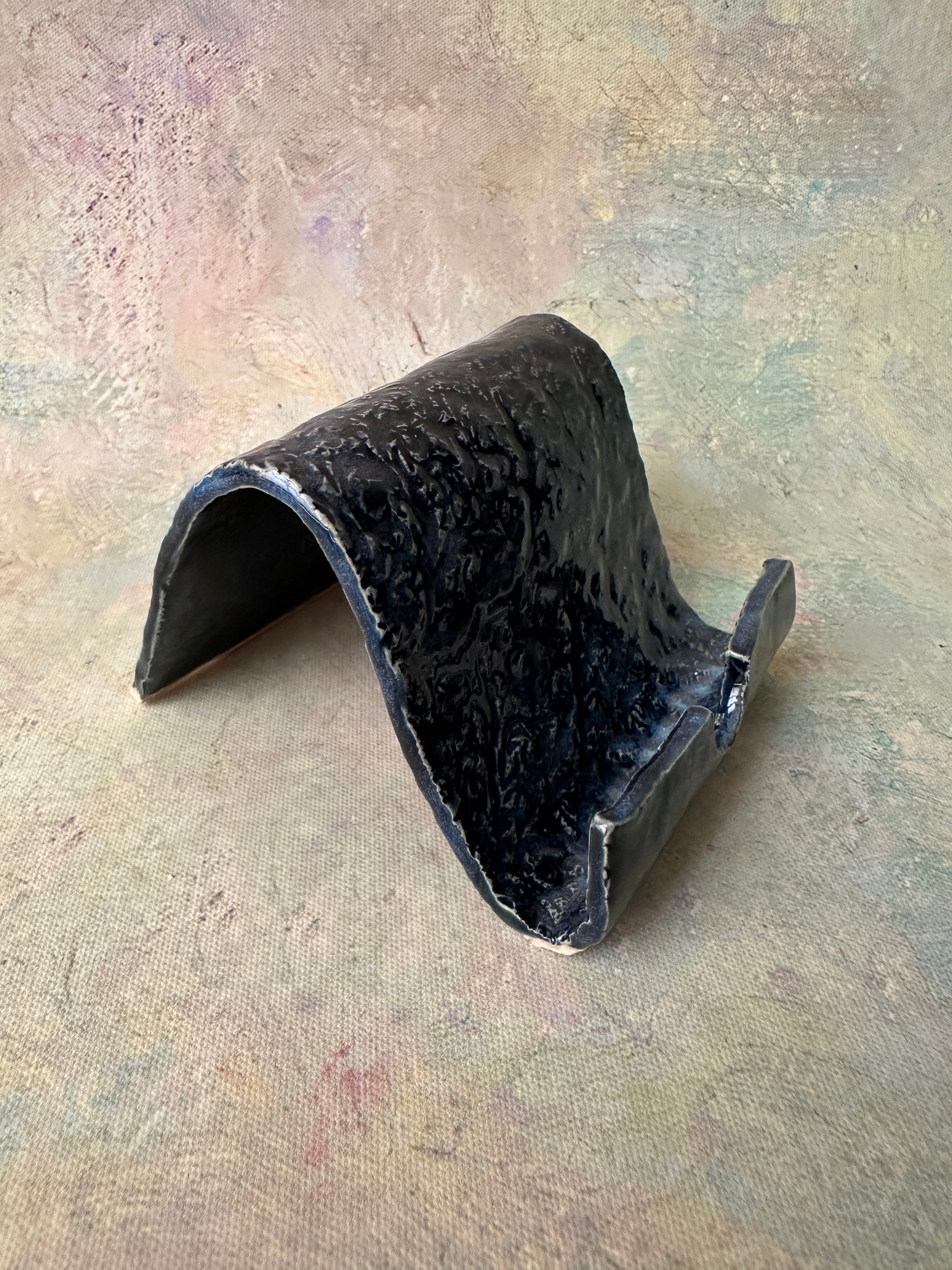 Deep blue stoneware handcrafted cell phone holder pottery