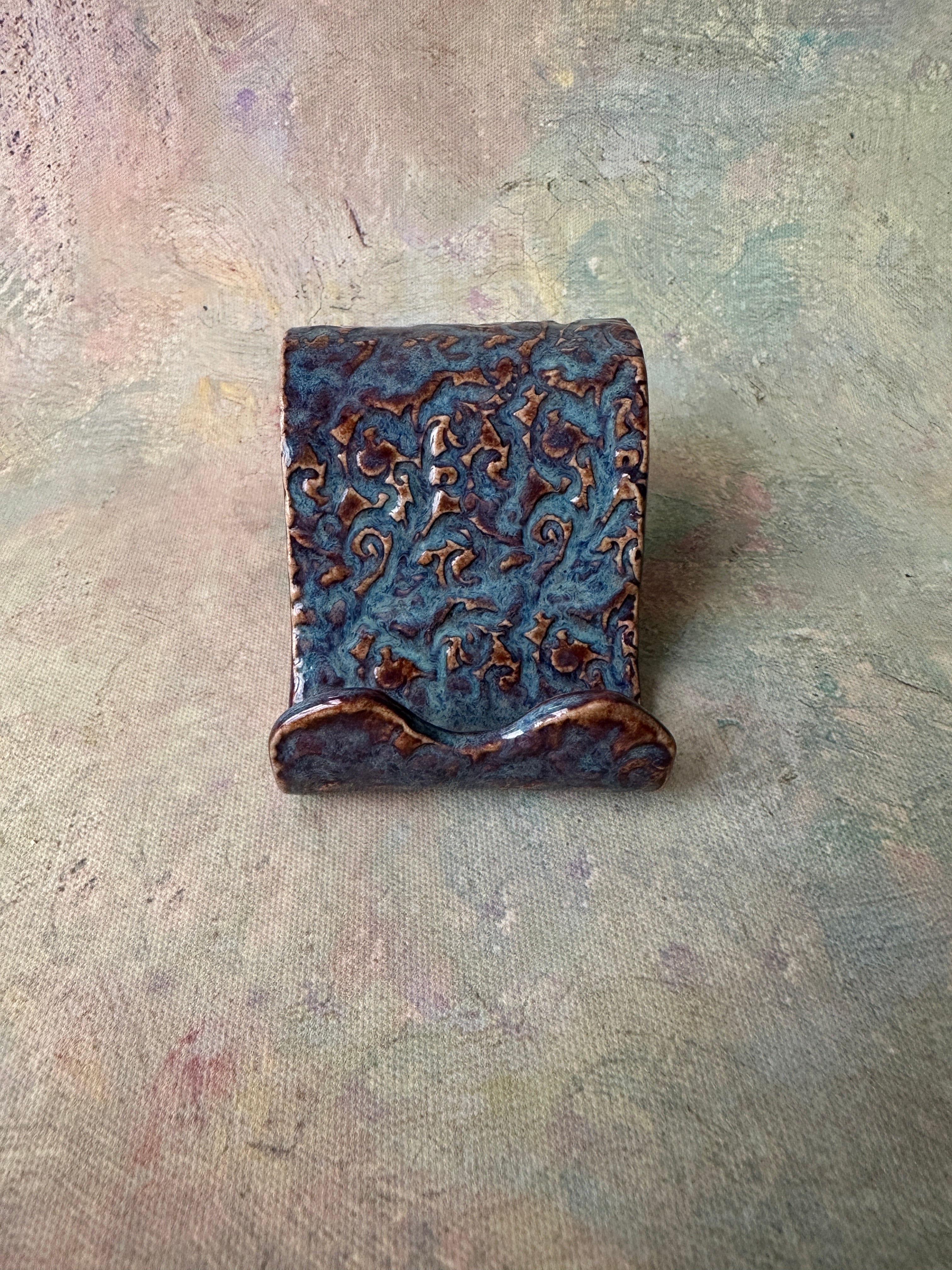 Copper Blue handcrafted pottery cell phone holder