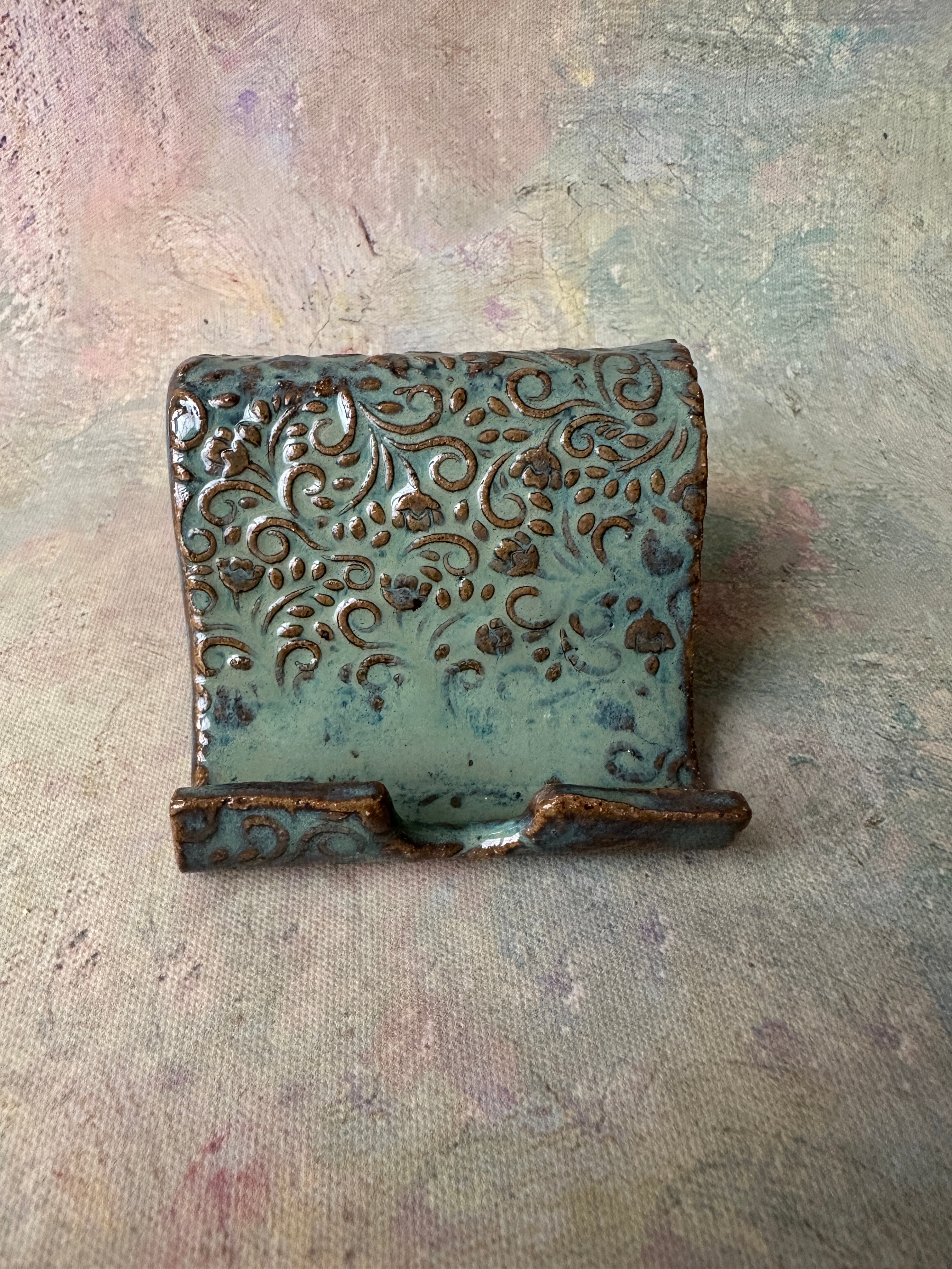 Turquoise stoneware pottery cell phone holder