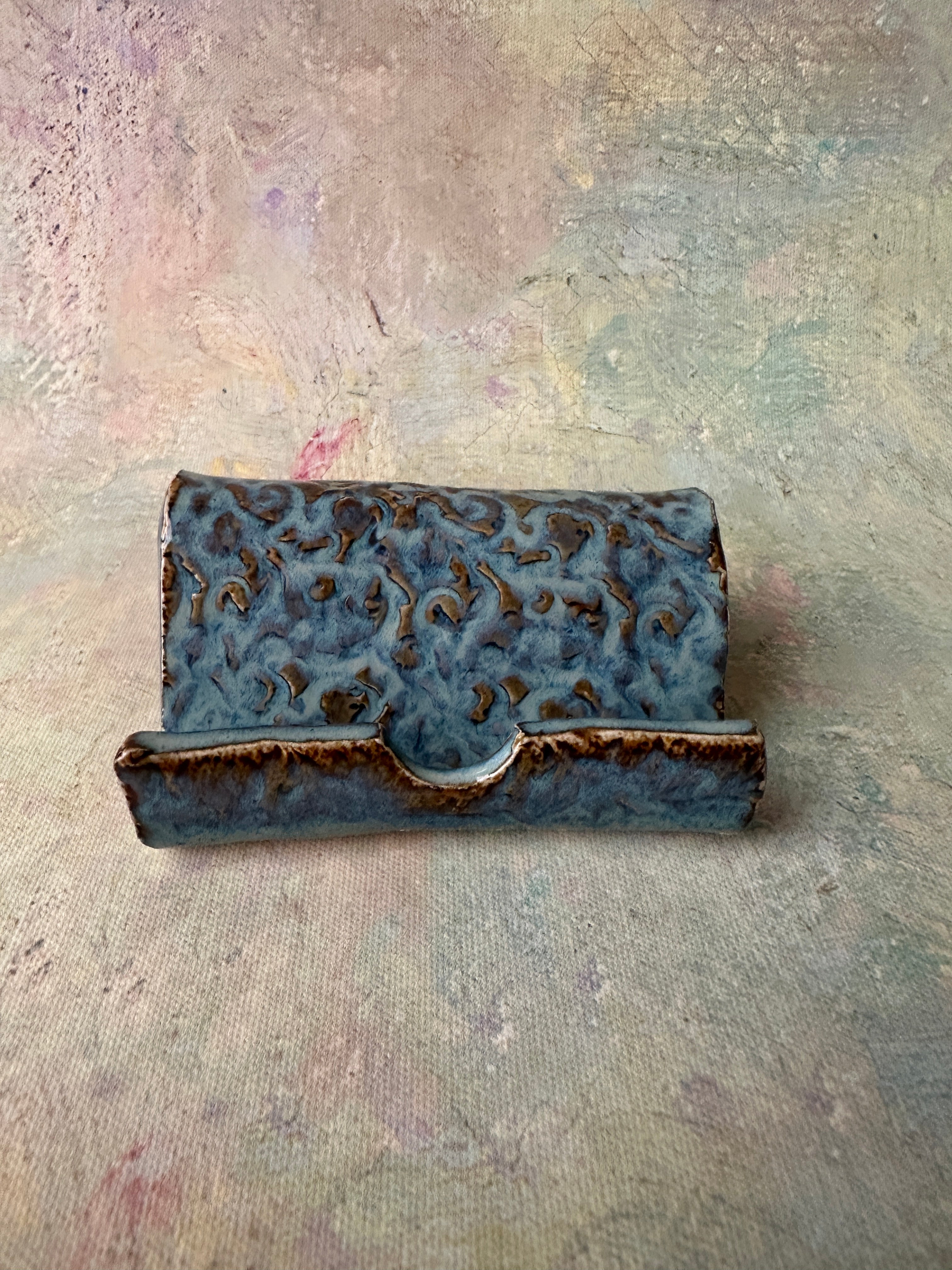 Blue Stoneware business card holder