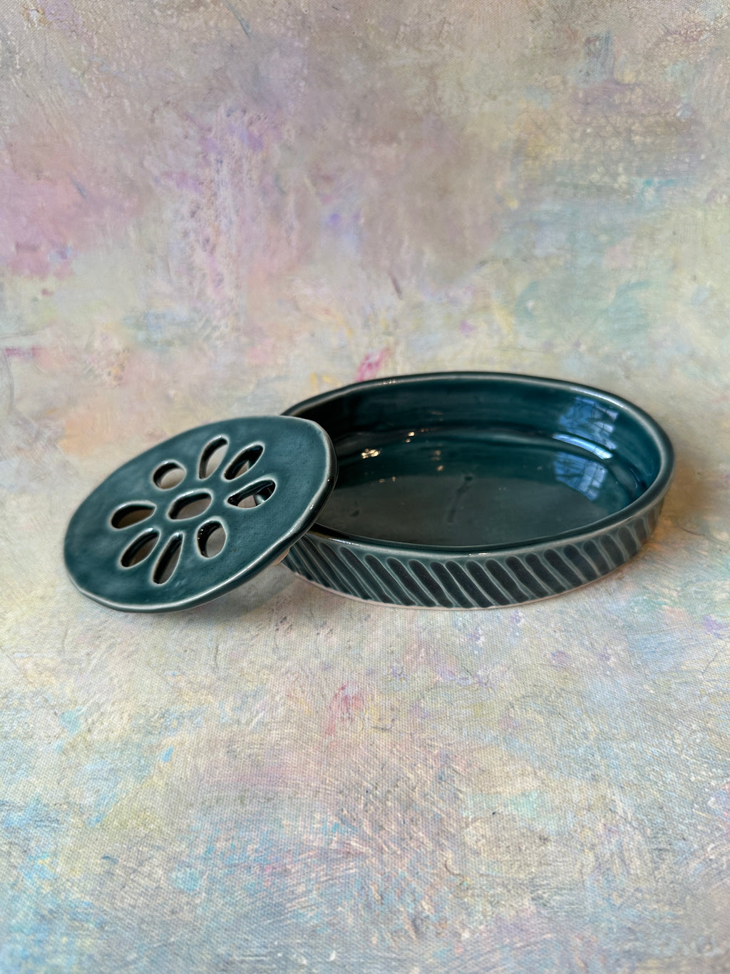 Artisan crafted stoneware 2pc ceramic soap dish