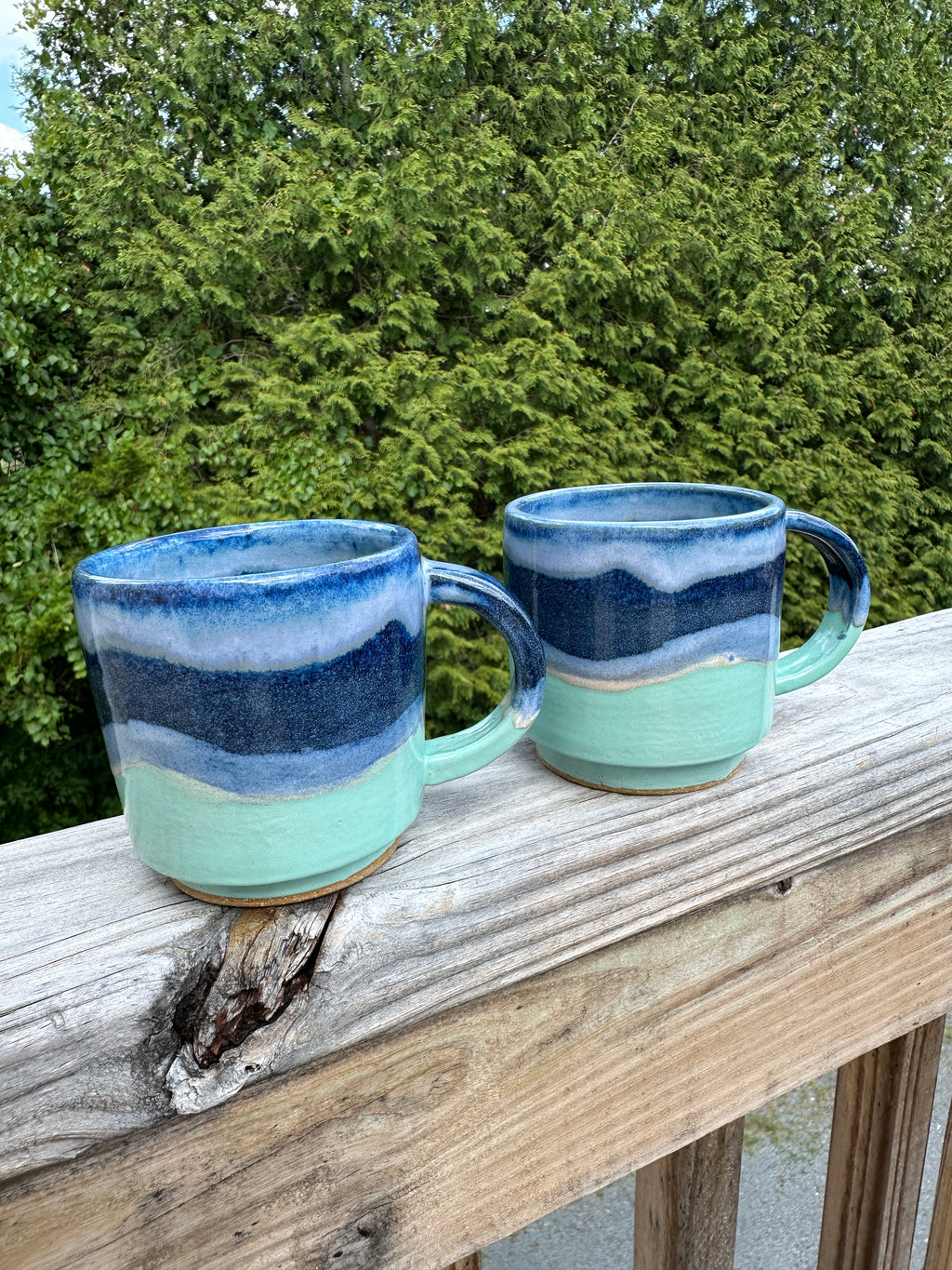 Blue Waves Stacking Mugs Wheel Thrown Stoneware Pottery
