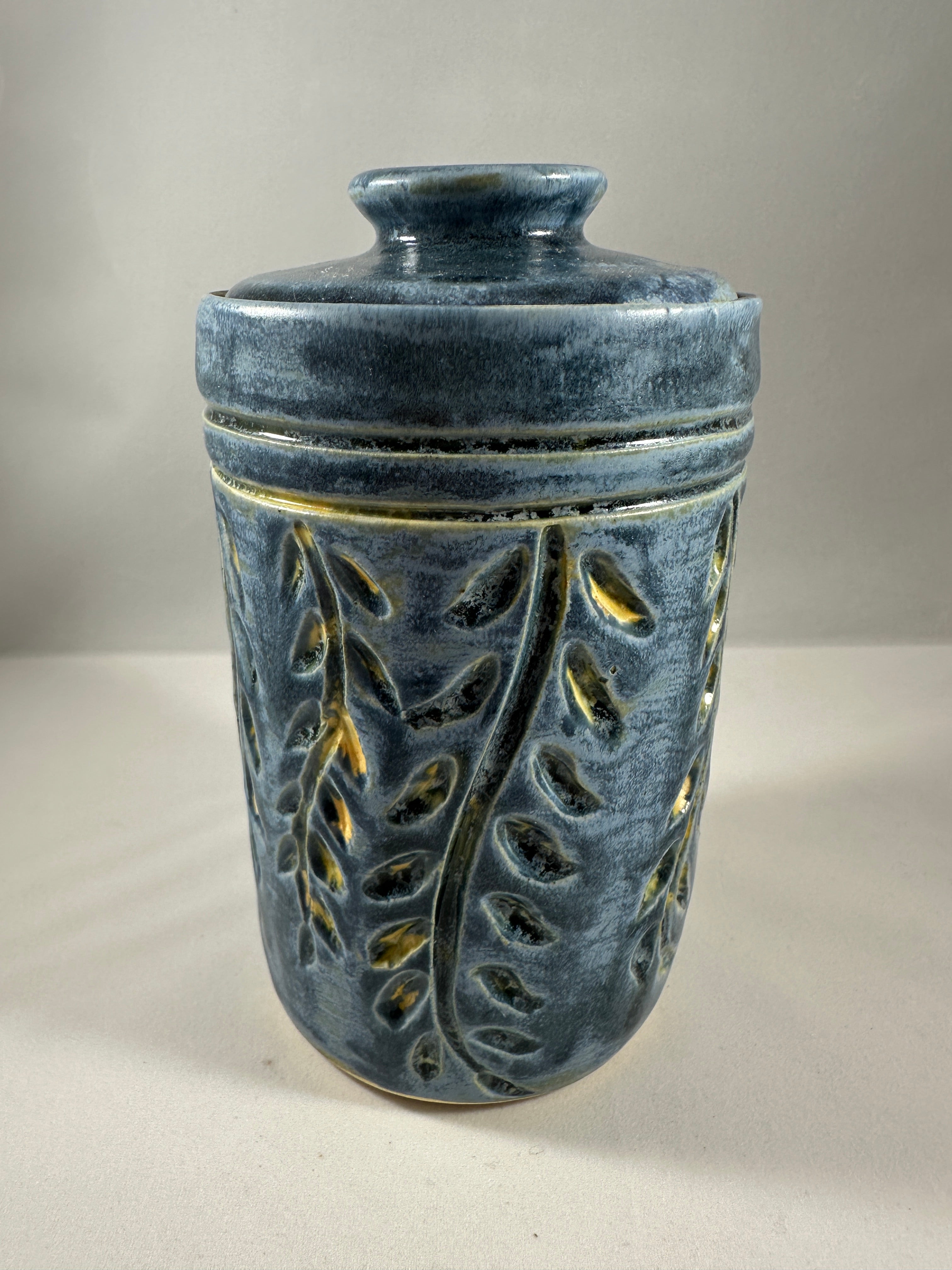 Blue Narrow Carved Lidded Vessel