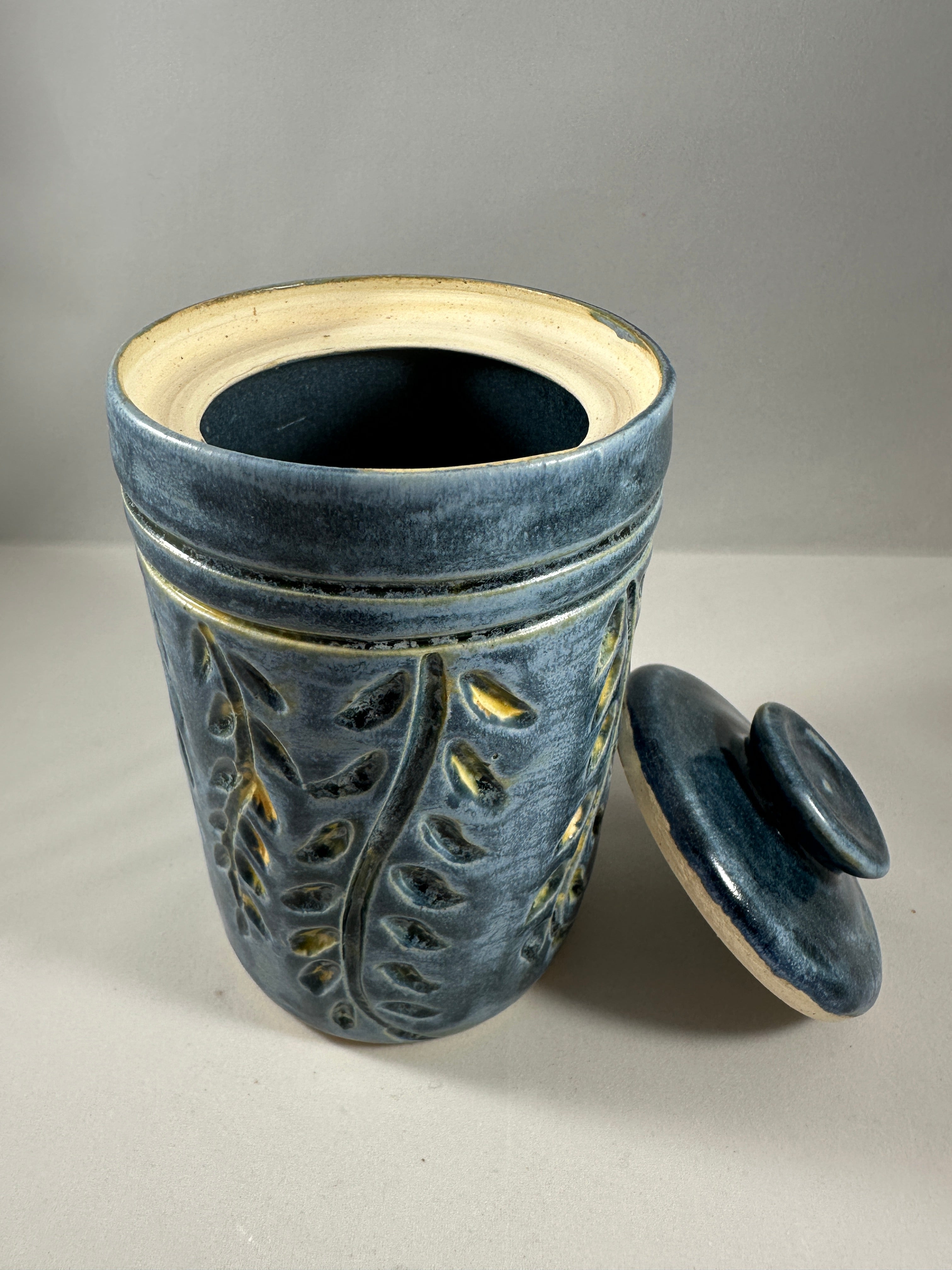 Blue Narrow Carved Lidded Vessel