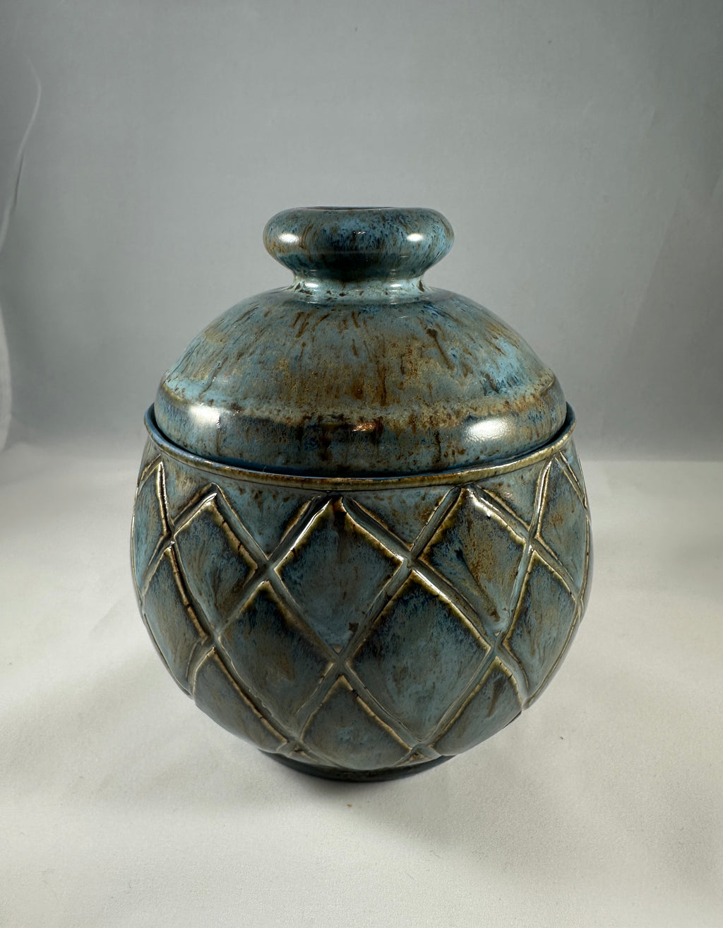 Greenish Blue Carved Lidded Vessel