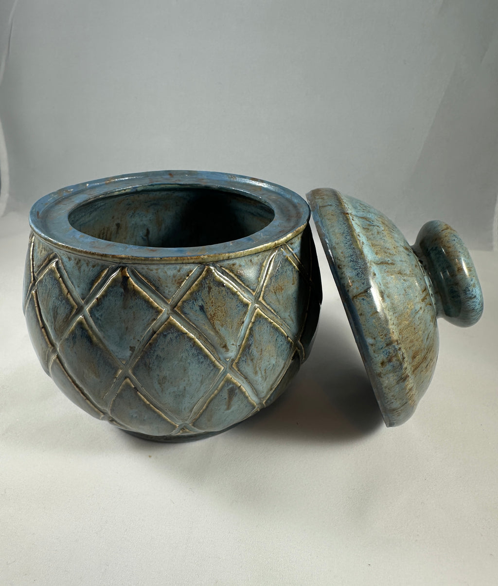 Greenish Blue Carved Lidded Vessel