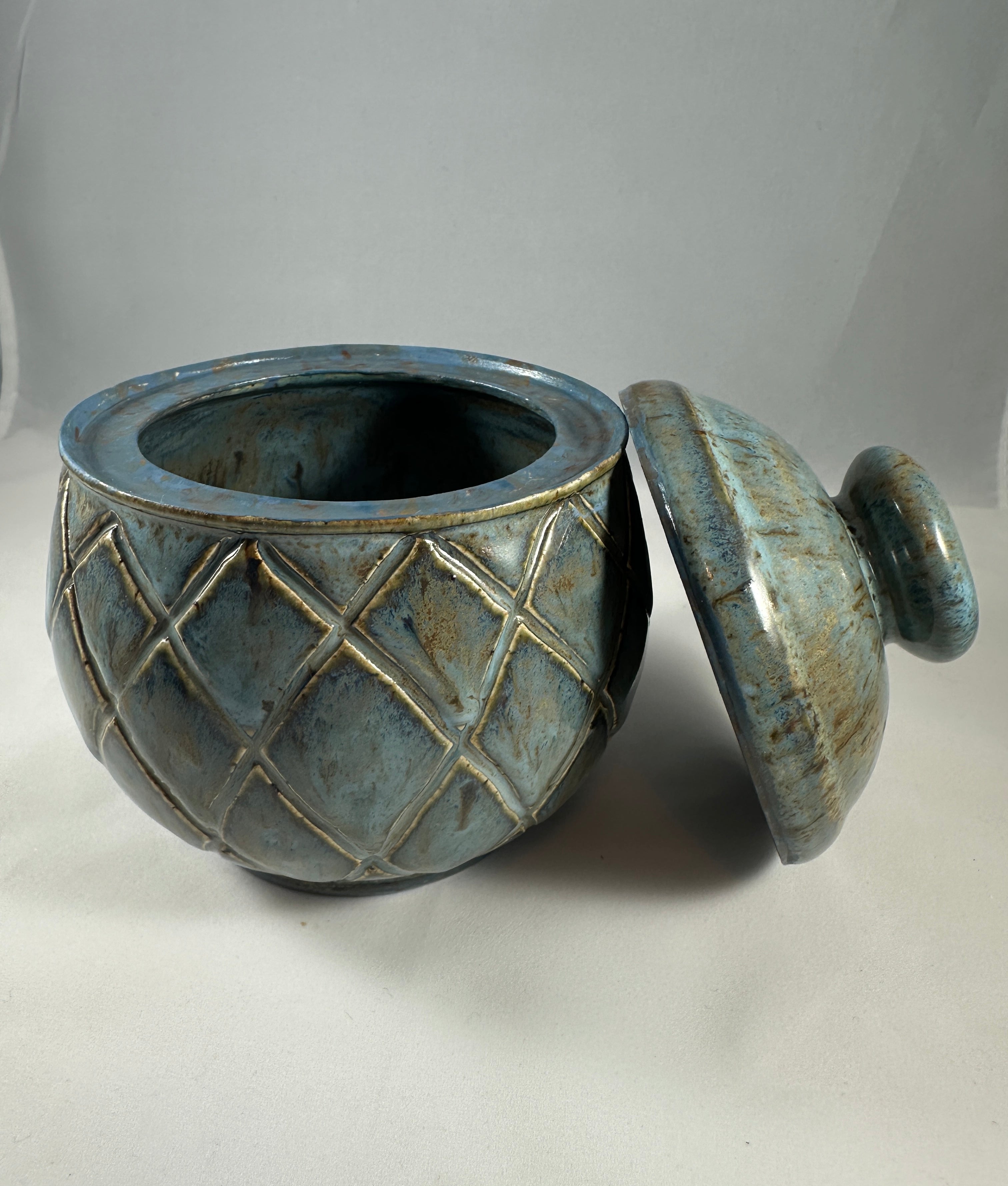 Greenish Blue Carved Lidded Vessel