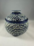 White and Blue Sunburst Carved Lidded Vessel